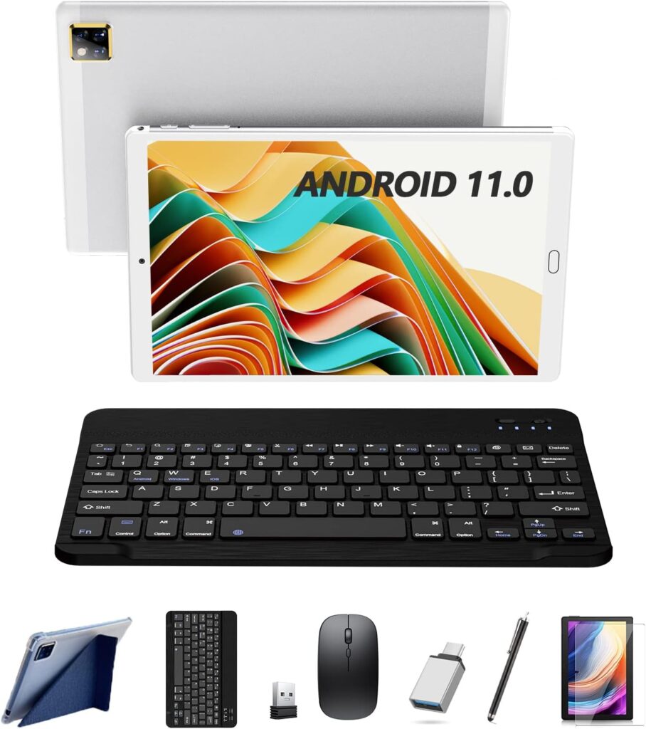 Tablet 10 Inch Android 11 2 in 1 Tablet with Keyboard 4GB RAM 64GB ROM 128GB Expansion, 13MP Camera, 5G WiFi, Bluetooth Mouse, Stylus, HD Display, 6000 mAh Battery, OTG, Google Certified (Black)