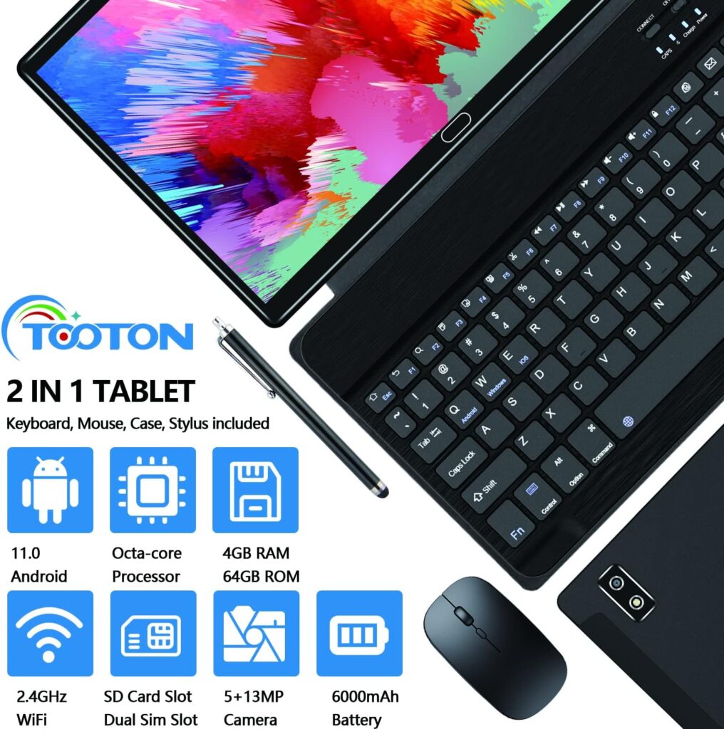 Tablet 10 Inch Android 11 Tablets, 2 in 1 PC with 4+64/128GB Storage Octa-Core, Dual Sim Card Slots Support 4G Cellular Tablet with Keyboard,13MP Camera, 6000mAh Battery, GPS, Bluetooth, WiFi