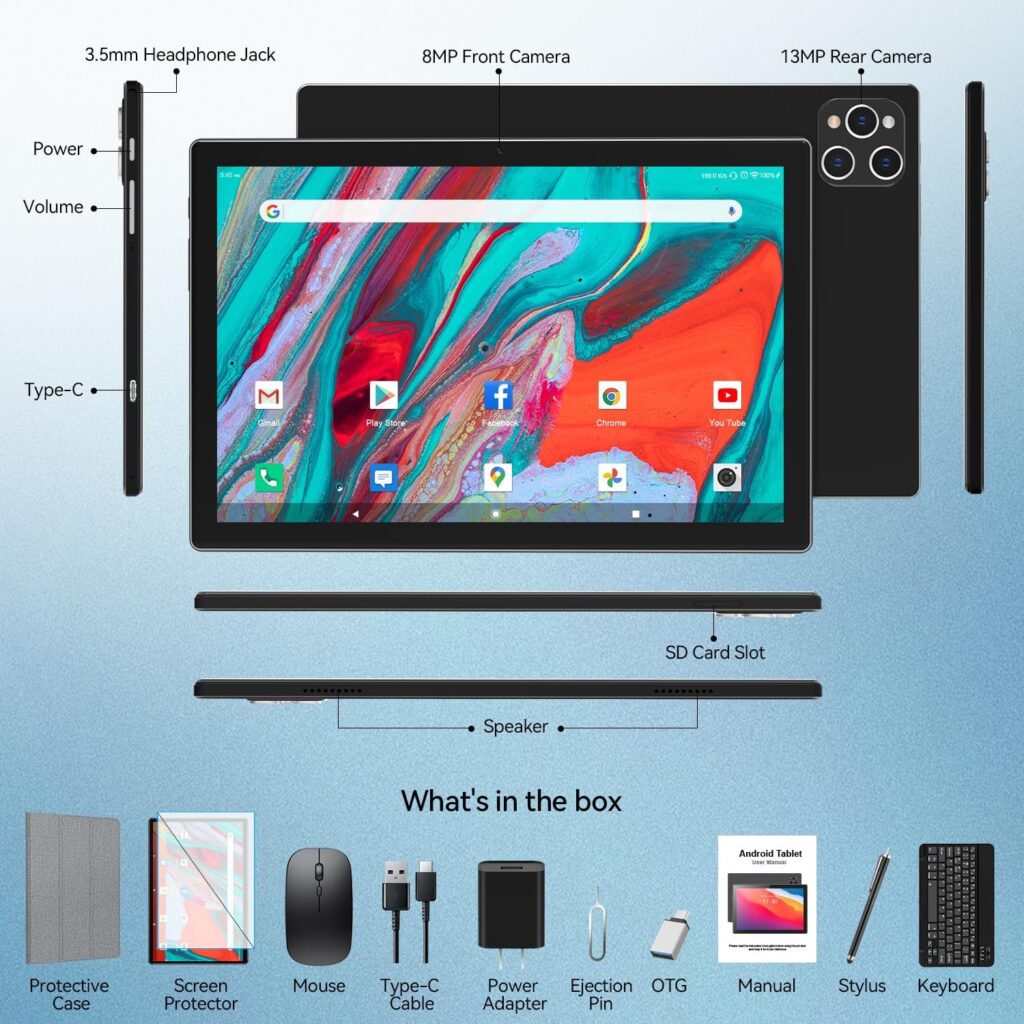 Tablet 2023 Latest Android 12 Tablet 128GB + 16GB (8+8 Expand) Large Storage, 2 in 1 Tablet with Keyboard, Octa-Core Processor, Tablet 10 Inch Screen, 5G WIFI Tablet Bluetooth/Mouse/Case/13MP Camera