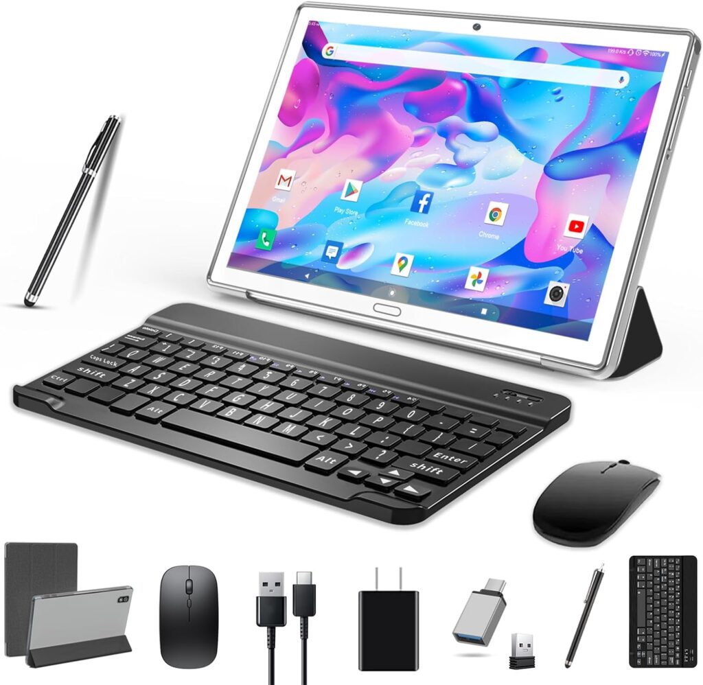 2023 Newest 10 Inch Tablet,2 in 1 Tablet with Keyboard Mouse, Android Tablet 4G Cellular with 2 SIM 1 SD-64GB ROM SD Max 512GB,Octa-Core,1080 FHD,13MP,GMS-Zertifizierung,GPS/ WIFI/ Bluetooth(Silvery)