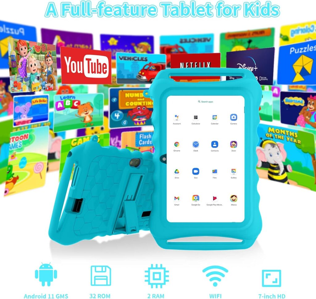 7inch Tablet for Kids Android 11 Tablets 3GB 32GB Parental Control Children Learning Toddler Tablet Shockproof Kickstand Case, GMS Certified, Google Tableta Kids YouTube(Light Blue)