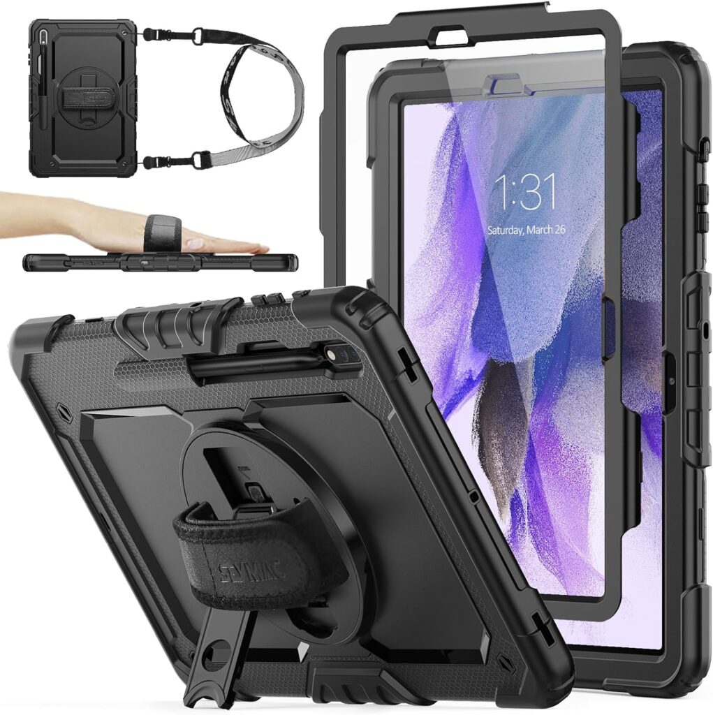 SEYMAC stock Case for Samsung Galaxy Tab S8 Plus/ S7 FE 5G Case 12.4 with Screen Protector Pencil Holder [360 Rotating Hand Strap] Stand, Drop-Proof Tablet Case for Galaxy Tab S8 Plus/ S7 FE, Black