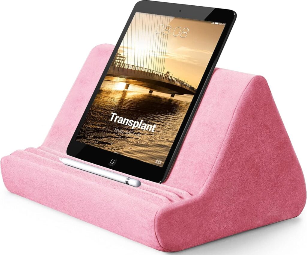 Soft Tablet Stand Pillow with Pocket,Tablet Cushion Stand,Adjustable 3 Viewing Angle,Lazy Holder Stand for Bed Sofa,Compatible with iPads Tablets eReaders Smartphones Books Magazines (Light Pink)