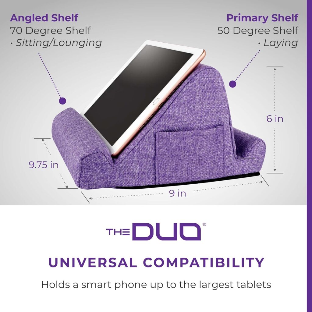 THE DUO Multi-Angle Viewing Stand for iPad, Tablet, Phone - Pillow Tablet Stand with Side Pockets - Portable Tablet Holder for Travel and Work from Home - Purple, 10 x 10 x 6.75 inches