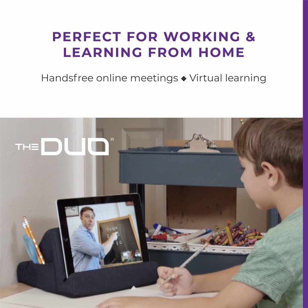 THE DUO Multi-Angle Viewing Stand for iPad, Tablet, Phone - Pillow Tablet Stand with Side Pockets - Portable Tablet Holder for Travel and Work from Home - Purple, 10 x 10 x 6.75 inches