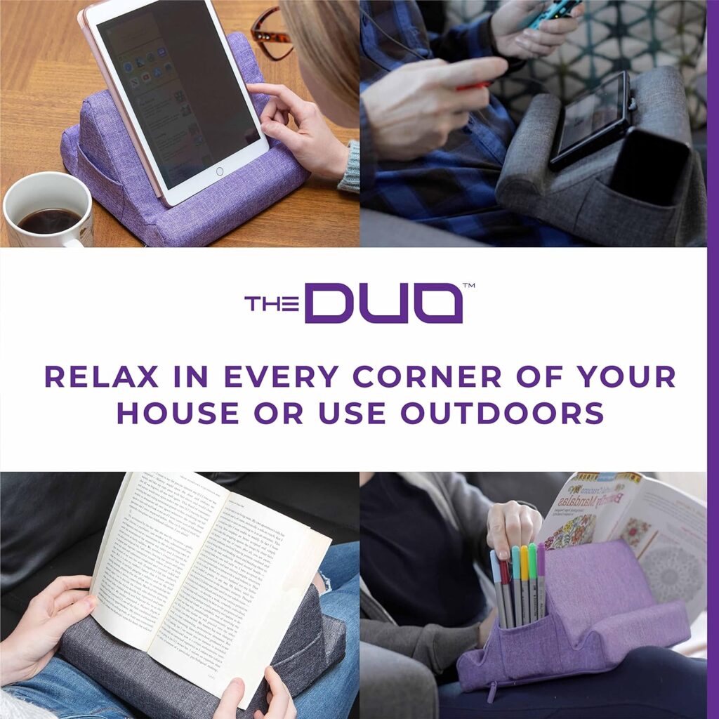 THE DUO Multi-Angle Viewing Stand for iPad, Tablet, Phone - Pillow Tablet Stand with Side Pockets - Portable Tablet Holder for Travel and Work from Home - Purple, 10 x 10 x 6.75 inches