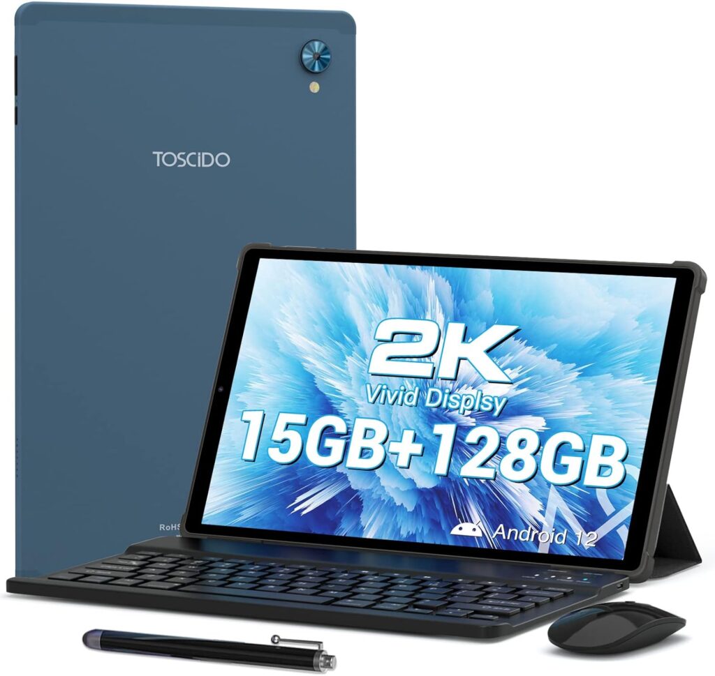 TOSCiDO Tablet 2023 Android 12 Tablets 10.3 inch 2K FHD Tableta,15GB RAM 128GB Storage 2TB Expand,8 Core 12nm CPU Tablet PC,2000 * 1200 IPS, in-Cell LCD Screen,8000mAh,5G WiFi,GPS,8+13MP Camera,Blue