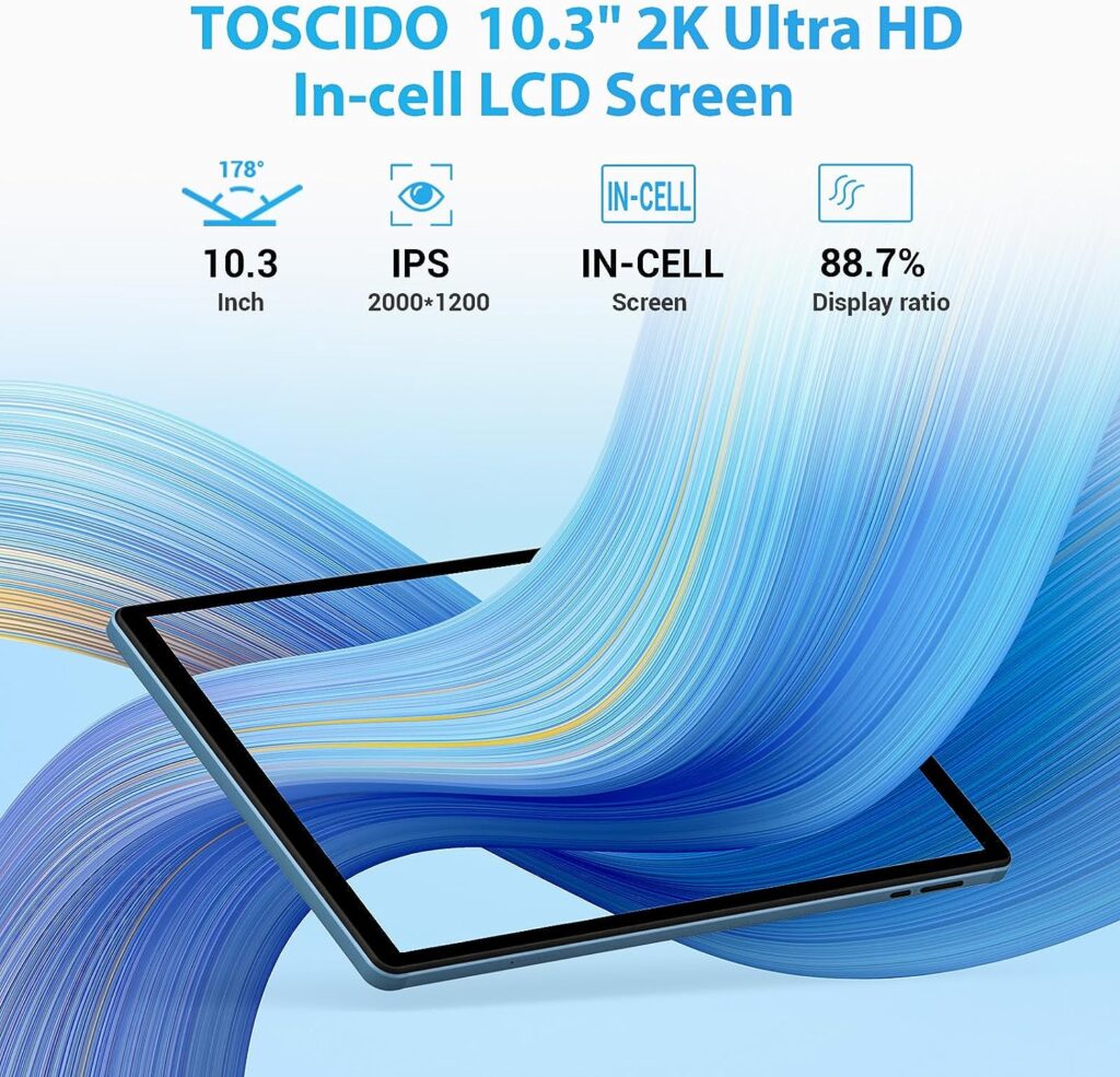 TOSCiDO Tablet 2023 Android 12 Tablets 10.3 inch 2K FHD Tableta,15GB RAM 128GB Storage 2TB Expand,8 Core 12nm CPU Tablet PC,2000 * 1200 IPS, in-Cell LCD Screen,8000mAh,5G WiFi,GPS,8+13MP Camera,Blue