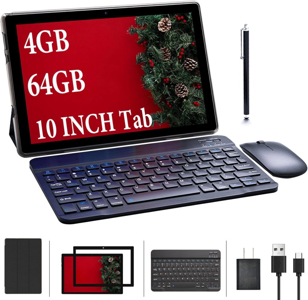 2 in 1 Tablet 10 Inch, Android 11.0 Tablet with Keyboard Case, 4GB+64GB ROM/512GB Computer Tablets, Quad Core, HD Touch Screen, Dual Carema, Games, Wi-Fi，BT, Google GMS Certified Tablet PC