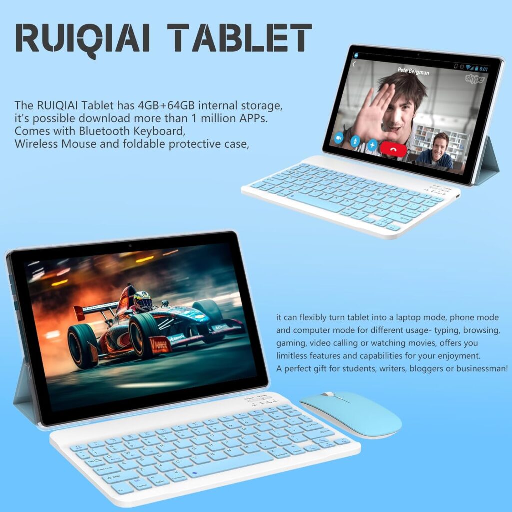 2 in 1 Tablet 10 Inch, Android 11.0 Tablet with Keyboard Case, 4GB+64GB ROM/512GB Computer Tablets, Quad Core, HD Touch Screen, Dual Carema, Games, Wi-Fi，BT, Google GMS Certified Tablet PC