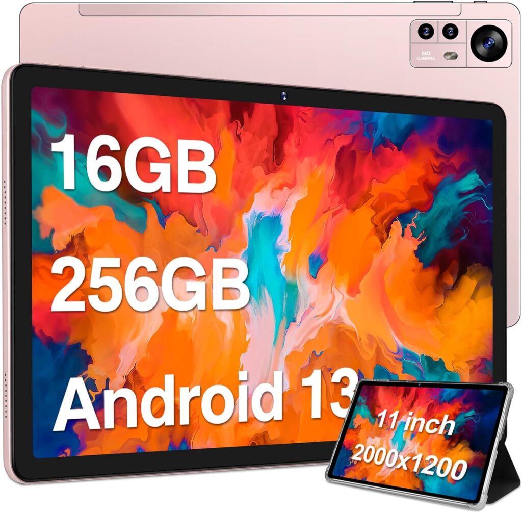 2023 Newest 11 inch Tablet Android 13 Tablets 16GB RAM 256GB ROM 1TB Expand, 2K 2000 x 1200 Display, Octa-Core, Triple Camera, 8600mAh, Quad Speakers, 5G/2.4G WiFi, GPS,Bluetooth,with Case -Rose Gold