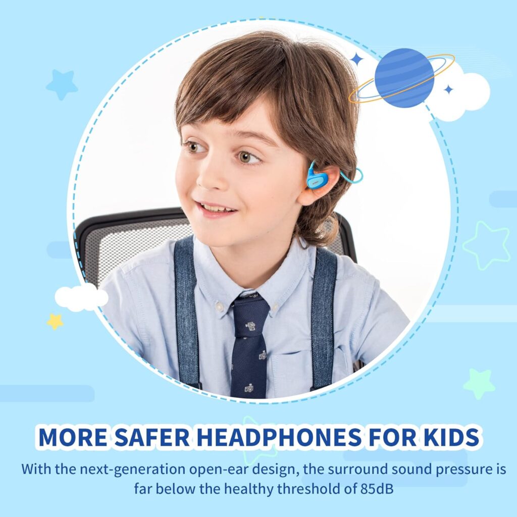 ACREO Open Ear Bluetooth Wireless Headphones with MIC for Children, OpenBuds Kids, Ultra-Light, Portable and Safer for iPad, Tablet or Computers (Navy Blue)