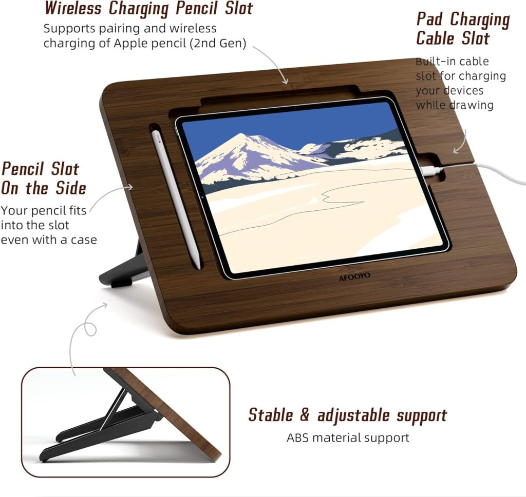 AFOOYO Bamboo iPad Drawing Stand - Portable  Adjustable 5 Angles, Laptop Stand Riser, Book Reading Stand, Fit 9.7/10.2/10.5/10.9/11 inches(Walnut Varnish)