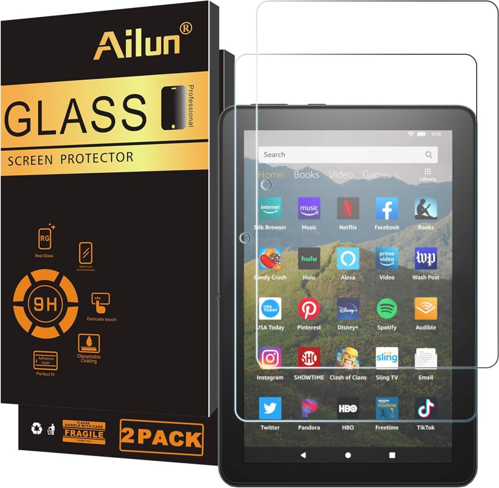 Ailun Screen Protector for Amazon Kindle Fire HD 8/Fire HD 8 Plus/Fire HD 8 Kids/Fire HD 8 Kids Pro [8 inch] 20222020 Released 0.33 MM Premium Tempered Glass, Ultra Clear,Anti-Scratches,Case Friendly