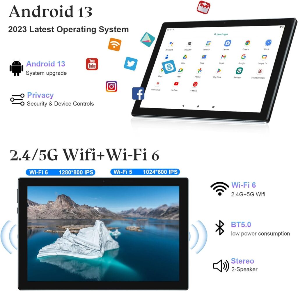 Android 13 Tablet, 10.1 inch 2 in 1 Tablet with Octa-core Processor, 12GB RAM, up to 128GB Expand, Long Lasting Battery and 5G WiFi 6, Bluetooth, Dual Camera, Google Play GMS Certified