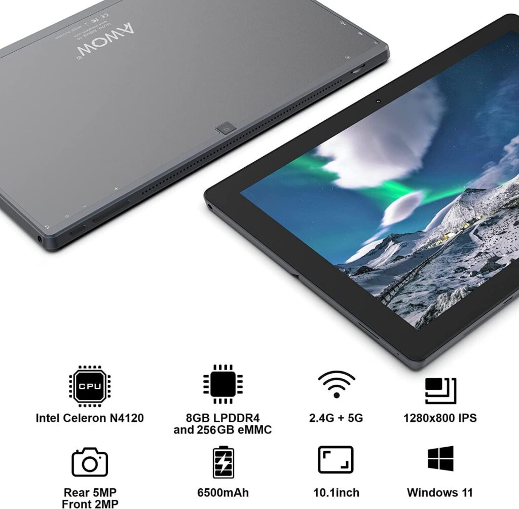 AWOW Windows 11 Tablet 8GB RAM 256GB Storage, 10.1 Inch IPS HD Touchscreen, Intel Celeron N4120 Quad-Core CPU Windows Tablet PC with HDMI/WiFi/Bluetooth/USB3.0/Dual Cameras