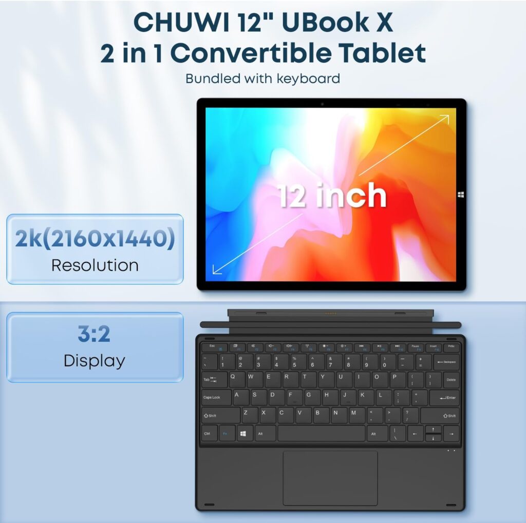 CHUWI 12 UBook X 2 in 1 Tablet, 512GB SSD 12GB RAM, Windows 11 Touchscreen Tablet with Keyboard, Intel Core i5-10210Y Up to 4GHz, 2160X1440 IPS,HDMI,2.4G/5G WiFi,Bluetooth,Dual Camera,Type C, USB3.0