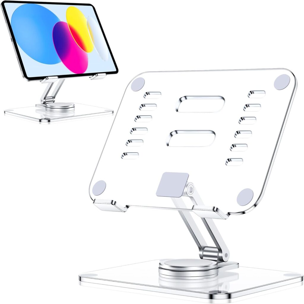 CreaDream Acrylic Tablet Stand Holder with 360 Rotating Base, Foldable Adjustable Transparent Tablet Holder for Desk Home Office, Compatible with iPad Pro Air Mini and More, Clear