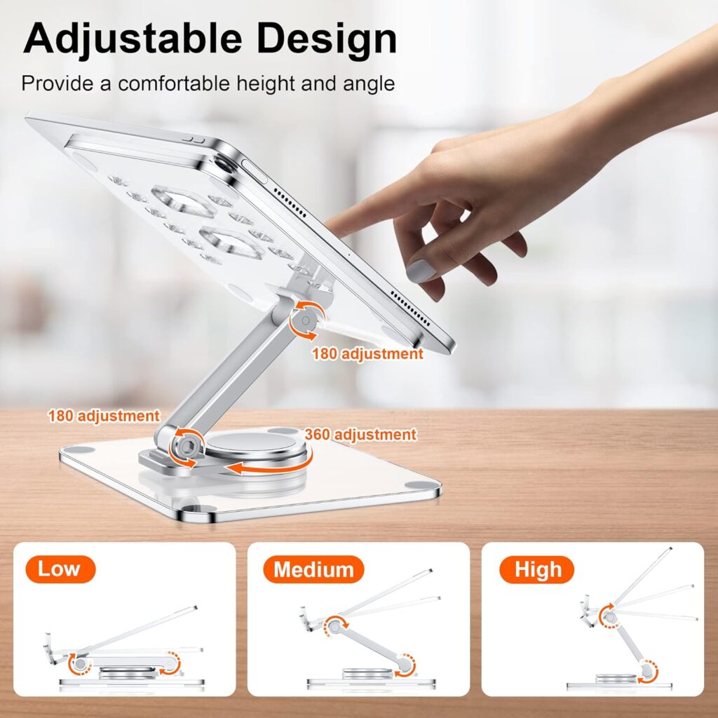 CreaDream Acrylic Tablet Stand Holder with 360 Rotating Base, Foldable Adjustable Transparent Tablet Holder for Desk Home Office, Compatible with iPad Pro Air Mini and More, Clear