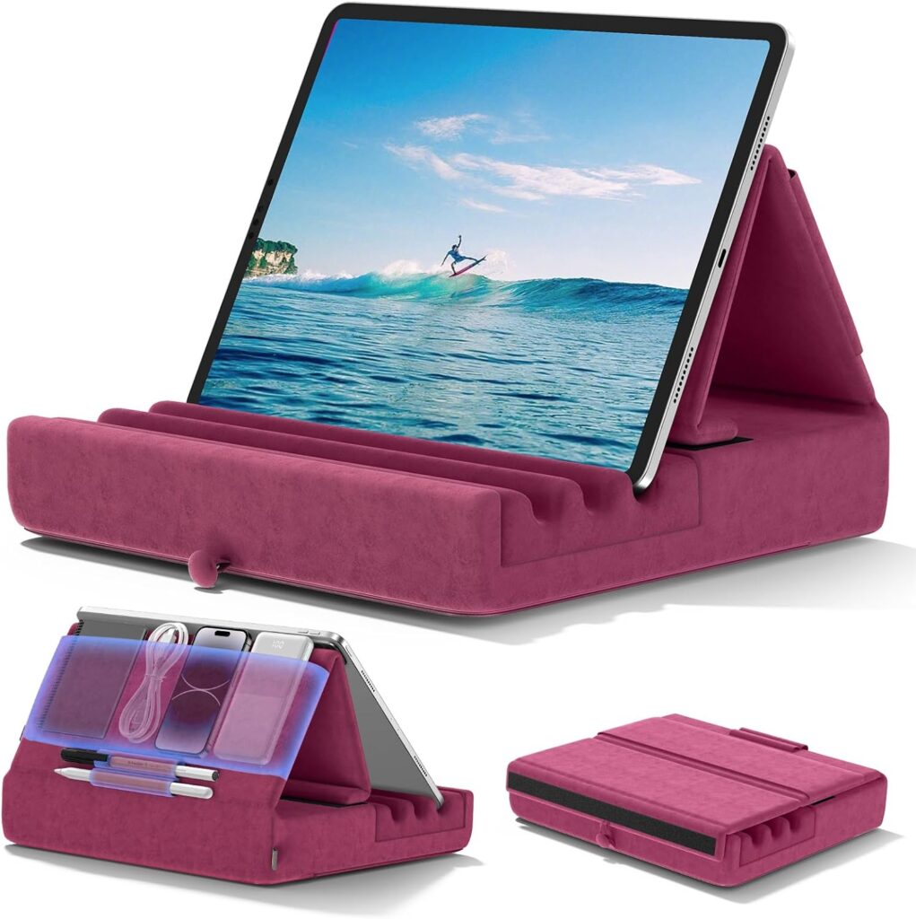 KDD Tablet Pillow Holder, Foldable iPad Stand for Lap, Bed and Desk -Tablet Soft Pad Dock with Pocket  Stylus Mount Compatible with iPad Pro 12.9, 10.5, 9.7 Air Mini 6 5 4 3, Galaxy Tab, E-Reader