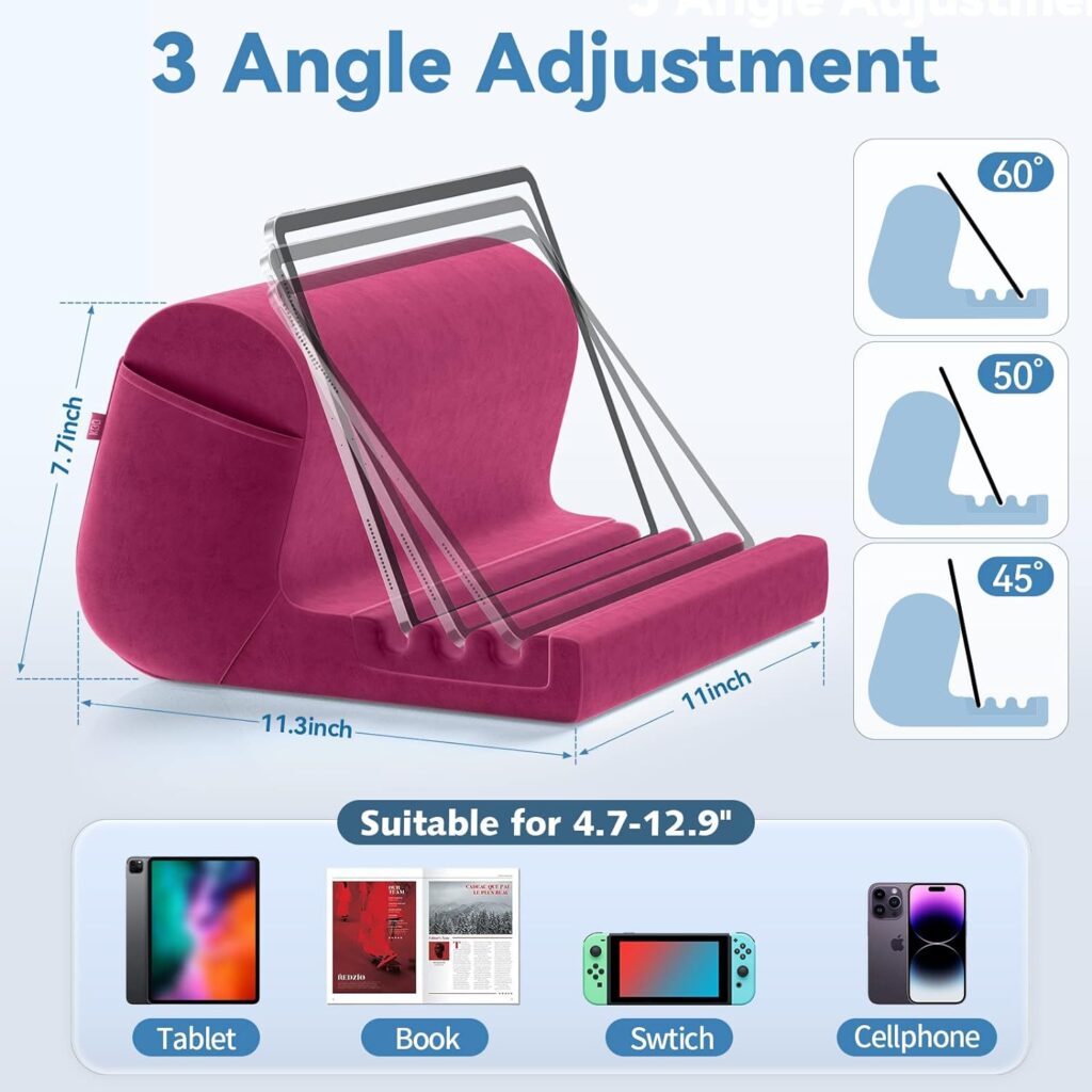 KDD Tablet Pillow Holder, Pillow Soft Pad for Lap, Bed and Desk Tablet Stand Dock with 2 Pocket and 3 Stylus Mount Compatible with iPad Pro 9.7, 10.5,12.9 Air Mini 5 4, Galaxy Tab, E-Reader, Books