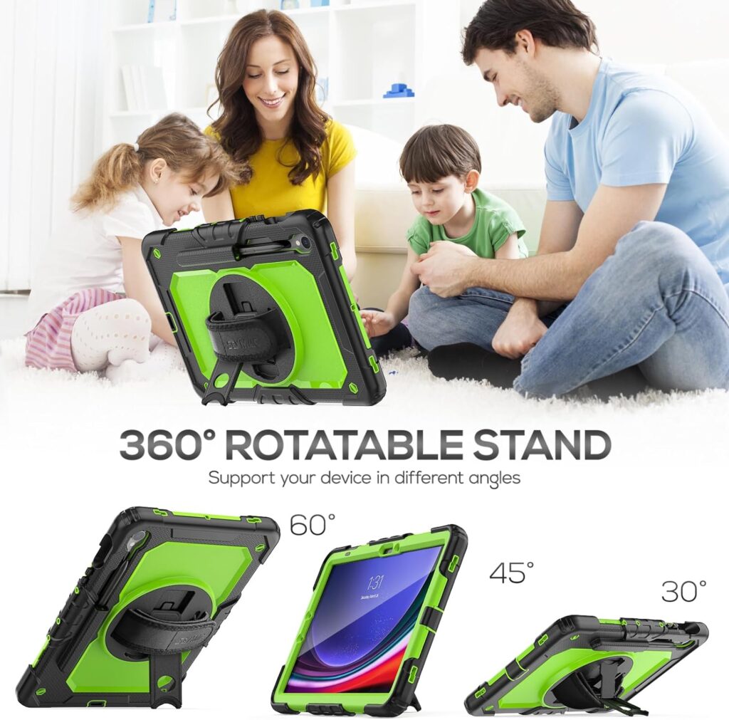 SEYMAC Case for Samsung Galaxy Tab S9 FE/S9 5G Case 2023, Heavy Duty Shockproof Protective Case with Screen Protector, Stand, Hand Strap and Pen Holder for Galaxy Tab S9 FE 10.9/S9 11, Green