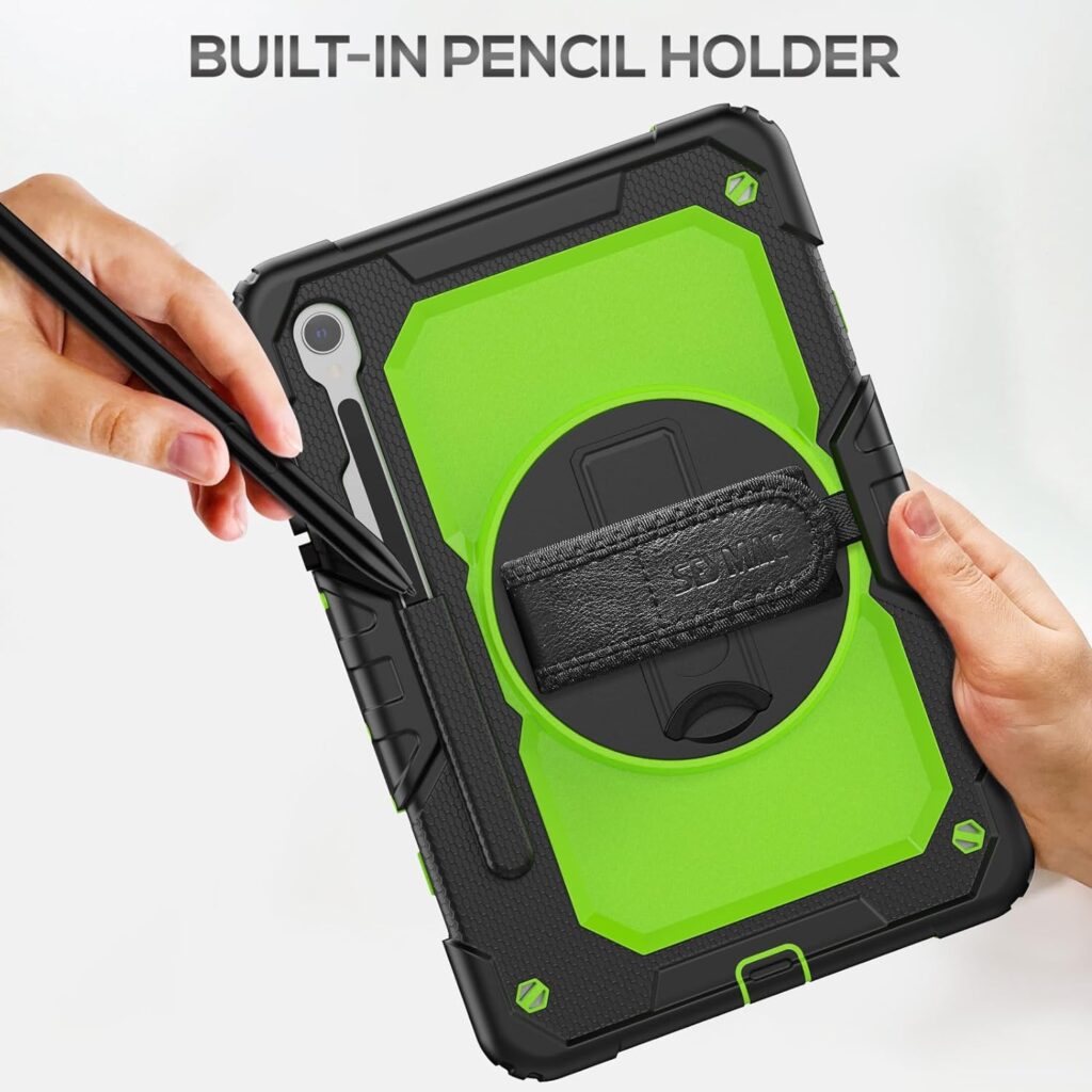 SEYMAC Case for Samsung Galaxy Tab S9 FE/S9 5G Case 2023, Heavy Duty Shockproof Protective Case with Screen Protector, Stand, Hand Strap and Pen Holder for Galaxy Tab S9 FE 10.9/S9 11, Green