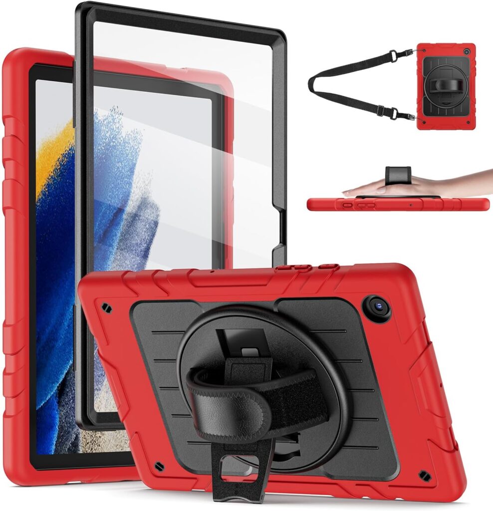 Stweap for Samsung Galaxy Tablet A8 Case 10.5 inch 2022 SM-X200/X205/X207 with Screen Protector Pencil Holder [360 Rotating Stand] Hand Shoulder Strap Shockproof Rugged Protective Cover |RedBlack