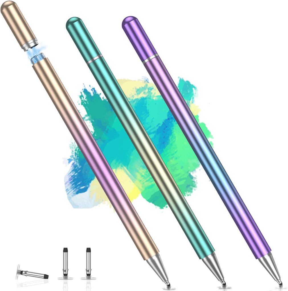 Stylus Pen for Touchscreen (3 Pack), Universal Stylist Pens 2 in 1 Precision Series Fine Point Disc for Apple/iPhone/iPad/Android/Samsung Tablets and More (Gradient Multi-Color)