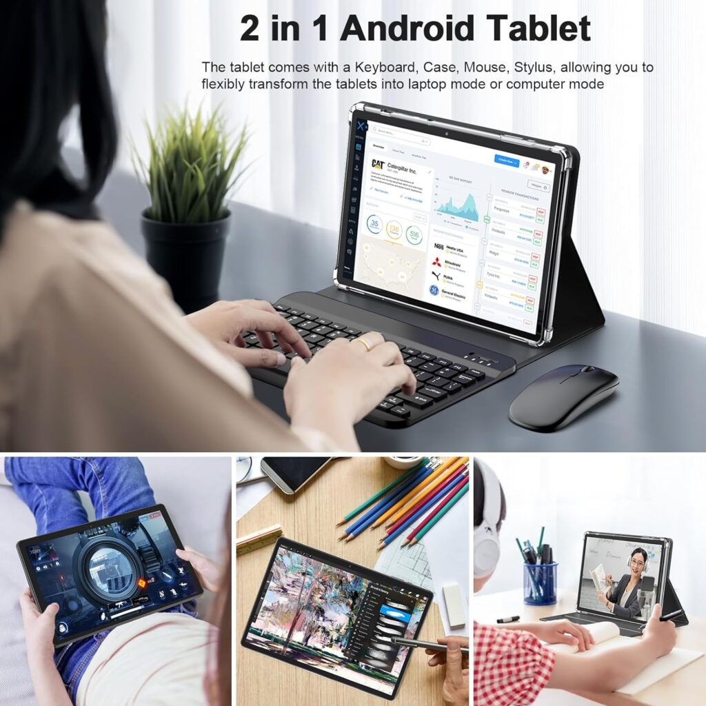 Tablet with Keyboard, 2 in 1 Tablet, 6GB+128GB, 1TB Expand, Android 13 Tablet, 10 inch Tablet with Case, Mouse, Stylus, 8000mAh Battery, 2.4G/5G WiFi, GPS, Google Certified Tablet PC