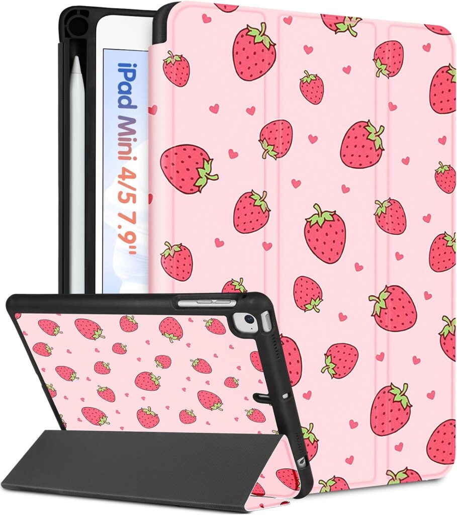 Wazzasoft for iPad Mini 4/5 Case, for iPad Mini 5th/4th Generation Cases Women Girls Cute Kids Folio Cover Strawberry Girly Kawaii Teens Pretty with Pencil Holder for Apple iPad 5/4 Mini Case 7.9 Inch