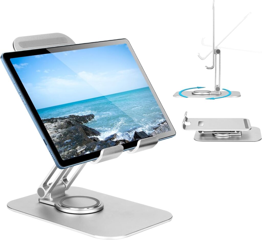 ZXK CO Tablet Stand, Adjustable Desktop Stand Holder Dock with 360 Rotating Base, Foldable Tablet Stand for Phones and Tablets Such as iPad, Air, Mini 4 3 2, Kindle, Nexus, Tab, E-Reader (4-13)
