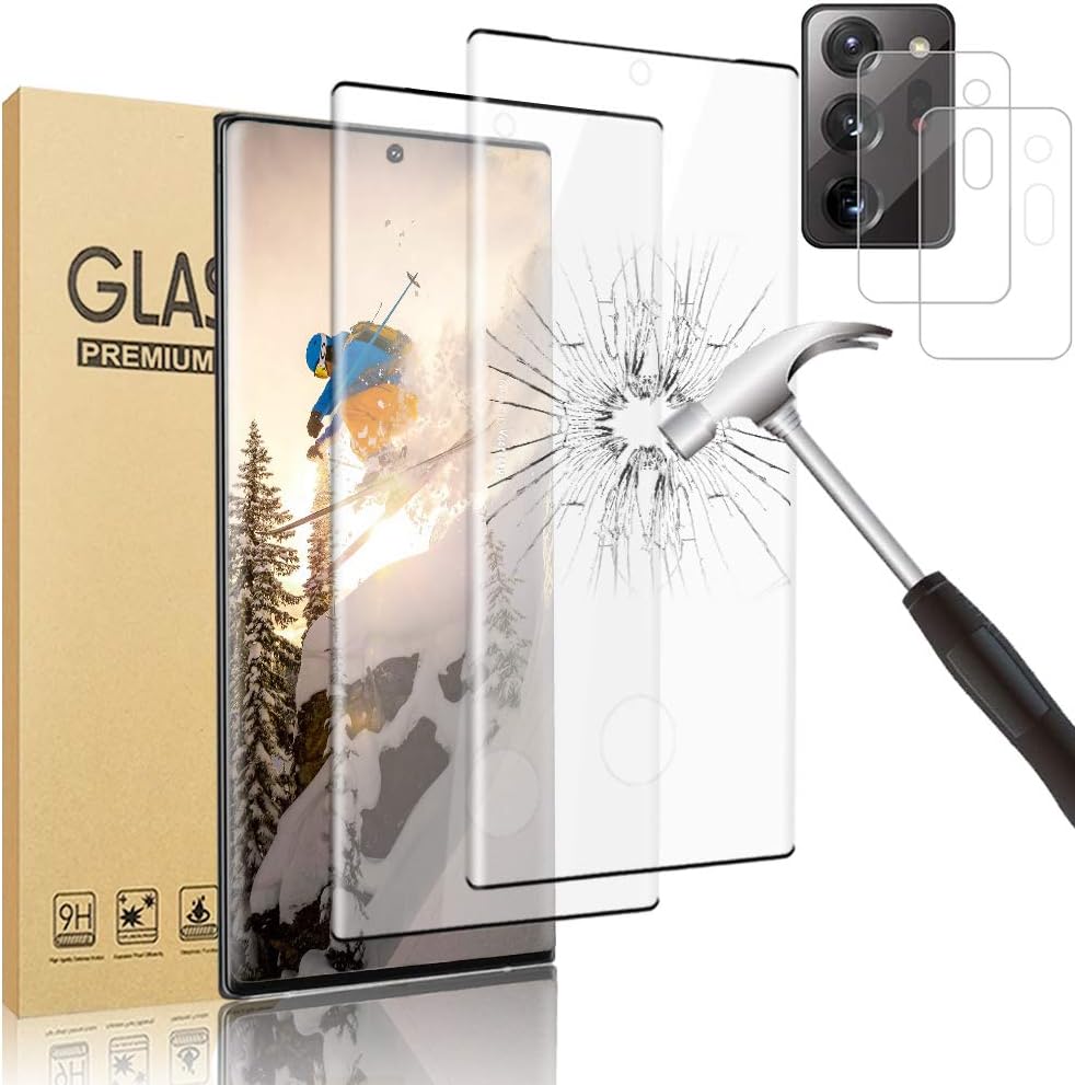 AYCFING [2+2 Pack ] Galaxy Note 20 Ultra Screen Protector with Camera Lens Protector, 9H Hardness, Support Fingerprint, 3D Curved Tempered Glass Film for Samsung Galaxy Note 20 Ultra 5G (6.9 Inch)