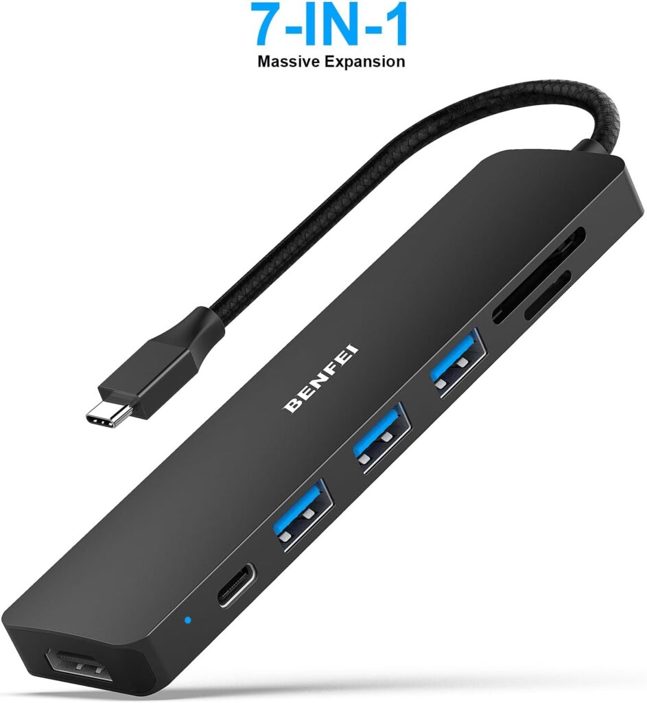 BENFEI 7in1 USB C Multiport Adapter with HDMI, SD/TF Card Reader, 3x USB 3.0, 60W Power Delivery, Compatible with iPhone 15 Pro/Max, MacBook, iPad Pro, iMac, S23, XPS17