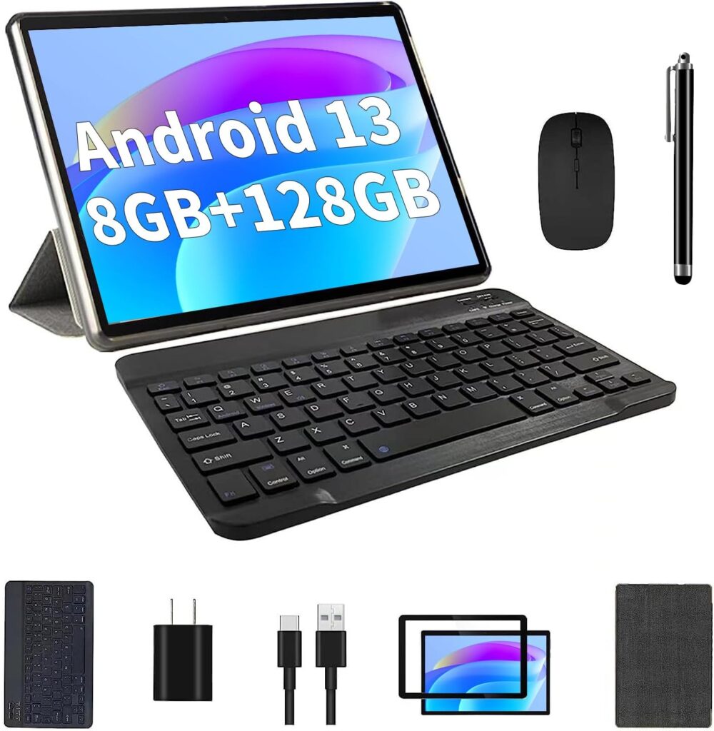 COLORROOM 2023 New 2 in 1 Tablet PC, 10inch Android 13 Tablet with Keyboard, 8GB+128GB, Case, Mouse, Stylus, Quad Core 2.0GHz, HD Touch Screen, Dual Camera, Dual Wi-Fi 6, Bluetooth, Tableta PC