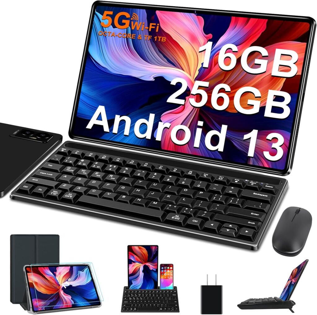 FACETEL Android 13 Tablet 11 Inch 2023 Latest with 16GB+256GB+1TB Expand Support, Octa-Core 2.0 GHz,Dual Camera,8600mAh Battery,5G WiFi,Bluetooth 5.0，HD Screen Tablet with Keyboard Mouse - Black