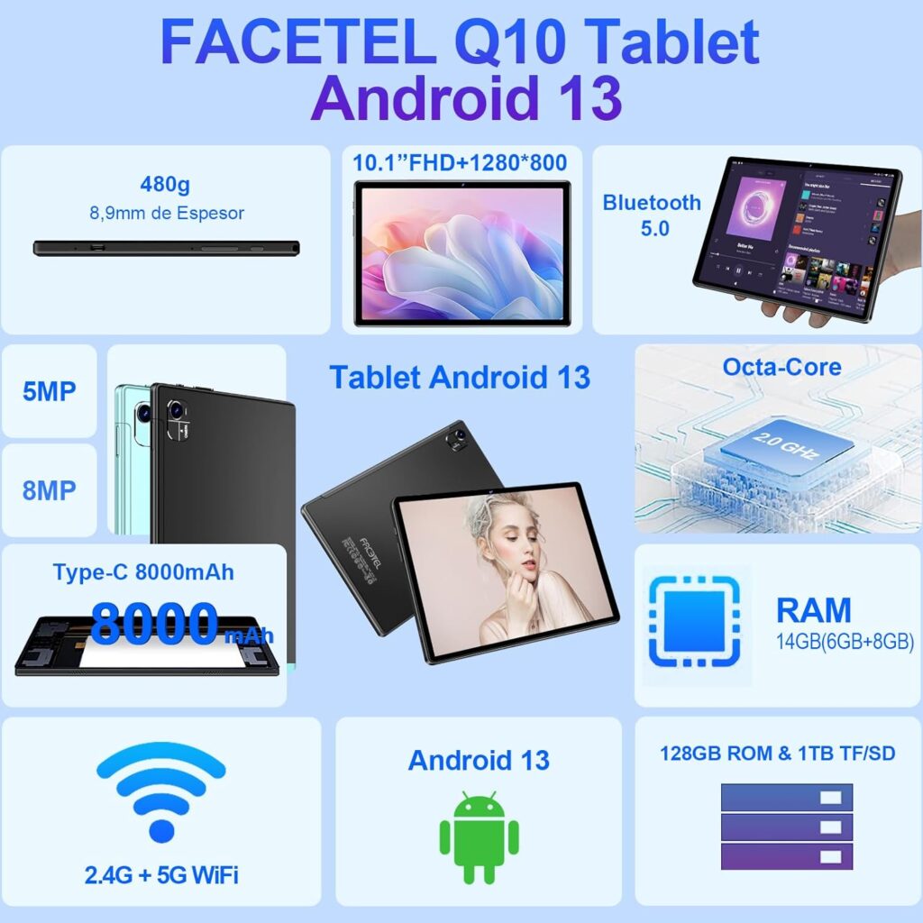 FACETEL Tablet Android 13 Octa-Core 2.0 GHz Tablets 2023 12GB RAM 128GB ROM, 5G WiFi | 6000mAh | HD IPS | Bluetooth 5.0 | 1280 * 800 | Camera 5+8 MP | Tablet with Keyboard Mouse - Red