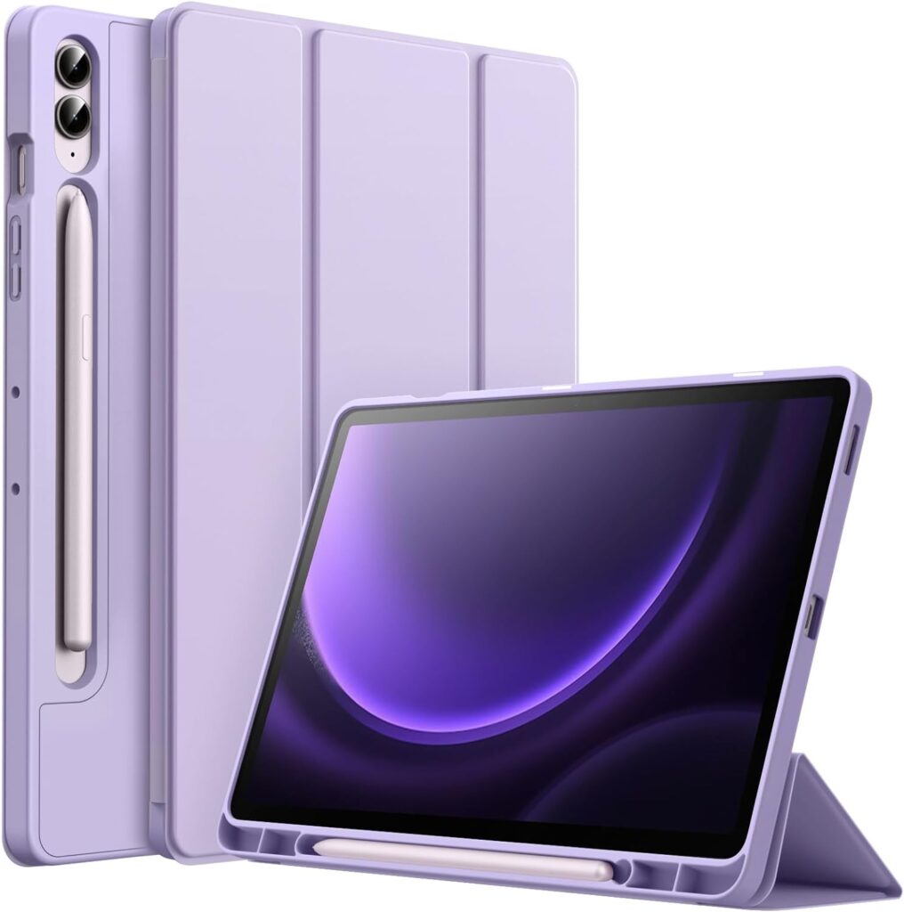 JETech Case for Samsung Galaxy Tab S9 FE+ / S9 FE Plus 12.4-Inch with S Pen Holder, Soft TPU Tri-Fold Stand Protective Tablet Cover, Support S Pen Charging, Auto Wake/Sleep (Light Purple)
