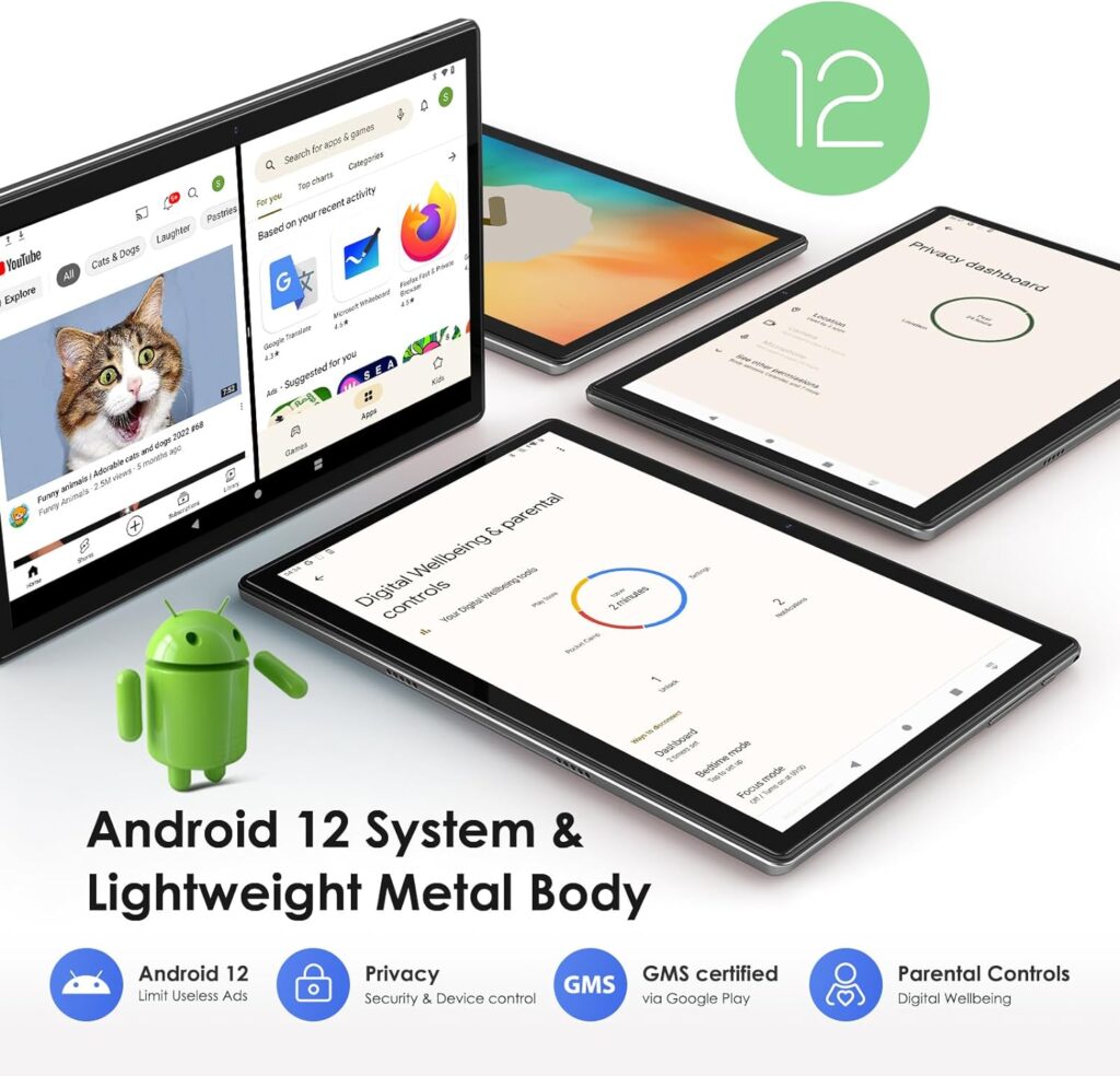 LNMBBS Android Tablet 10 Inch, 4GB RAM 64GB Storage, Android 12.0, Octa-Core Processor, Tablet with Keyboard, Large Battery, Dual Camera, Wi-Fi, Bluetooth, GPS, Mouse,Tablet Cover, Tablet,Gray