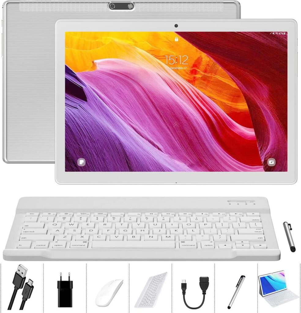 LNMBBS Android Tablet 10 Inch, 4GB RAM 64GB Storage, Android 12.0, Octa-Core Processor, Tablet with Keyboard, Large Battery, Dual Camera, Wi-Fi, Bluetooth, GPS, Mouse,Tablet Cover, Tablet,Gray