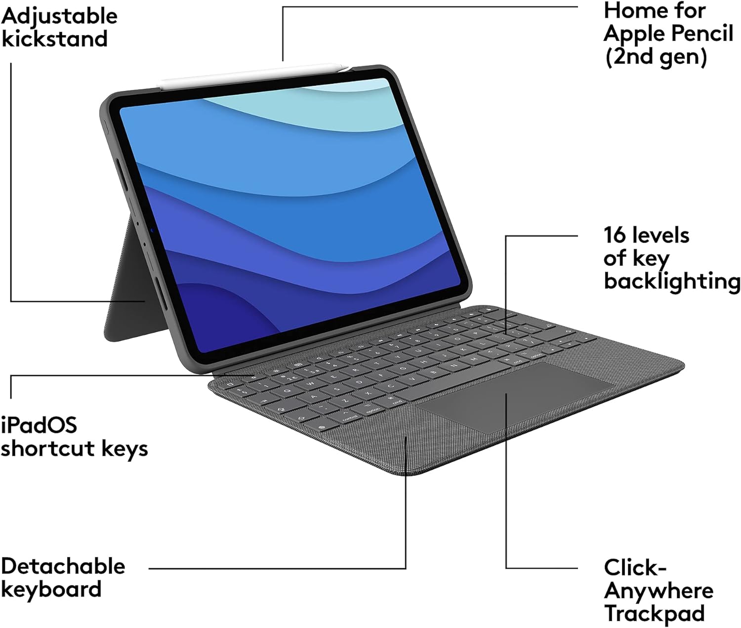 Logitech Combo Touch iPad Pro 11-inch (1st, 2nd, 3rd, 4th gen - 2018, 2020, 2021, 2022) Keyboard Case - Detachable Backlit Keyboard, Click-Anywhere Trackpad - Oxford Gray; USA Layout