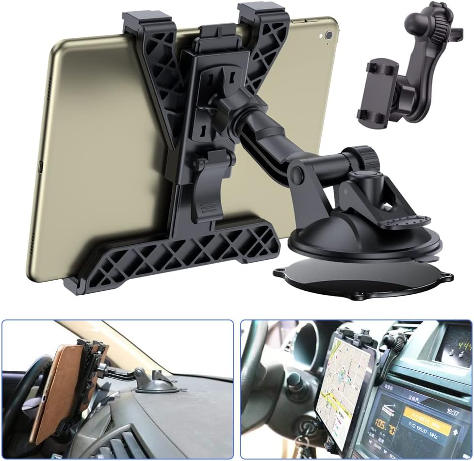 OHLPRO Tablet Holder for Car Dashboard, iPad Car Suction Cup Mount for Truck Windshield Vent with Flexible Arm Clip, for All 6-11 Apple iPad Samsung Galaxy Tab Tablets, 360° Rotation, Black