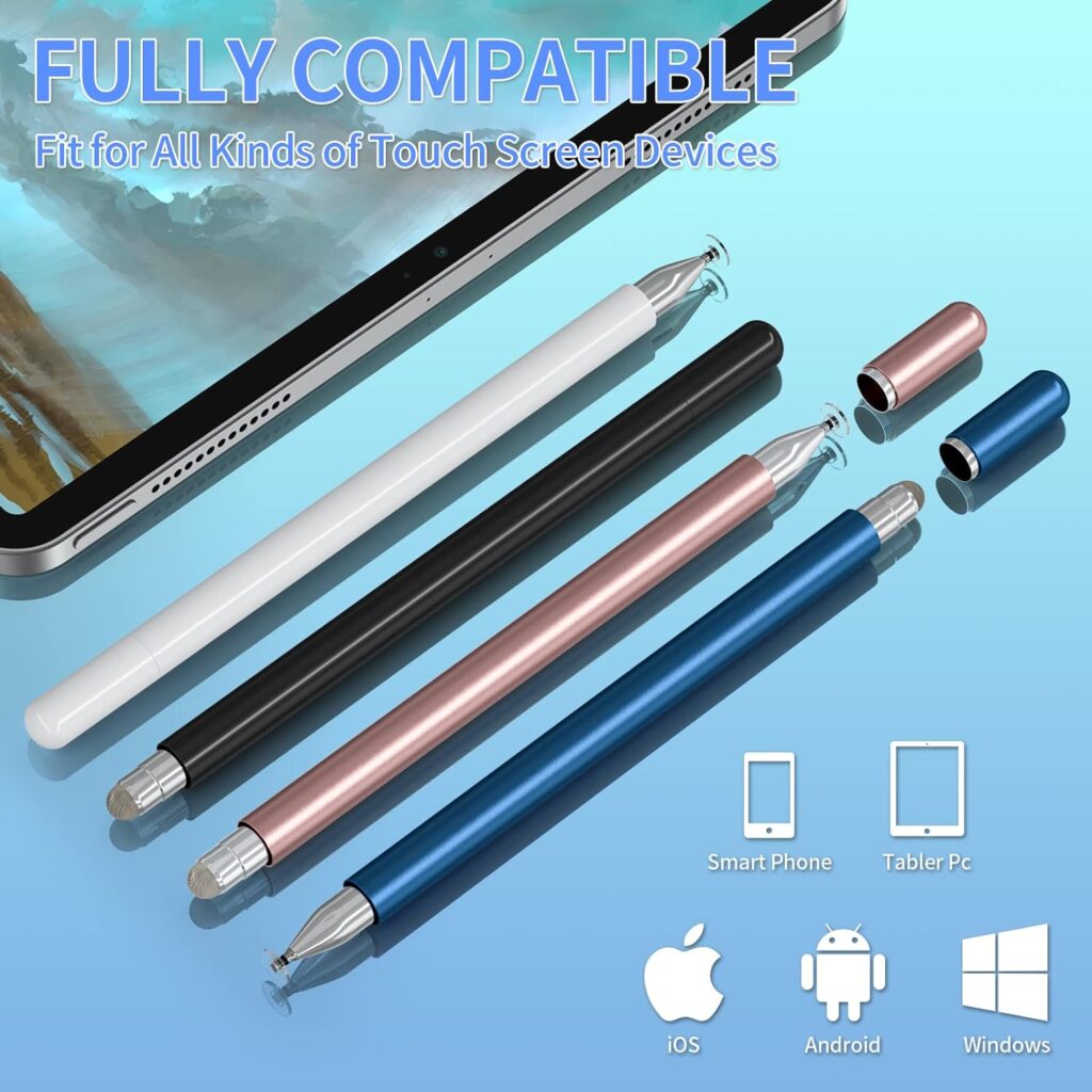 Stylus Pens for Touch Screens(4 Pcs), Capacitive 2 in 1 High Sensitivity  Precision Stylus Pen for iPad, Universal Tip Stylus Compatible with iPhone (White/Black/Rose/Dark Blue)