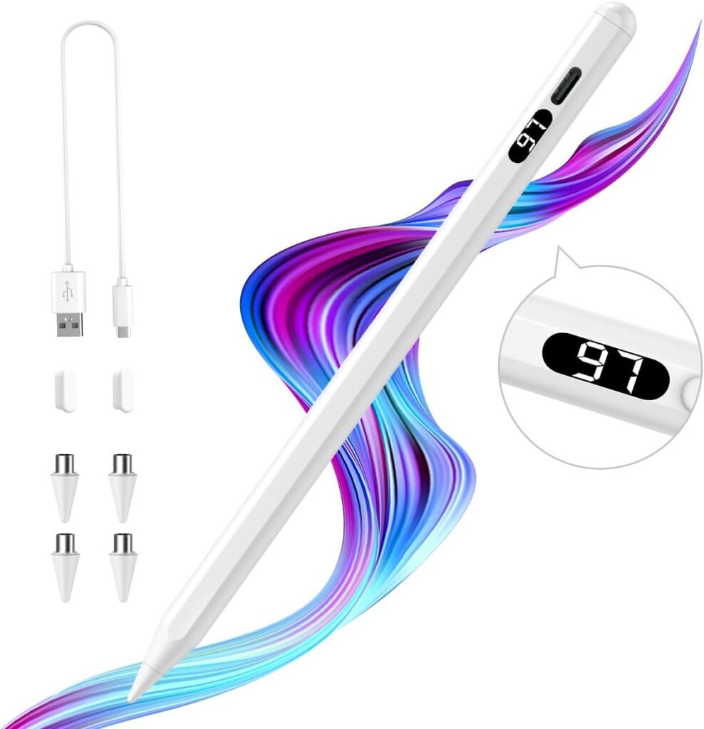 TiMOVO Stylus Pen for Touch Screens, Fast Charge Stylus Pen for Apple iPad/iPhone/Android/iOS/Samsung/Lenovo/Fire Tablets Smart Phone Stylus Capacitive Screen Writing Pencil with Power Display, White