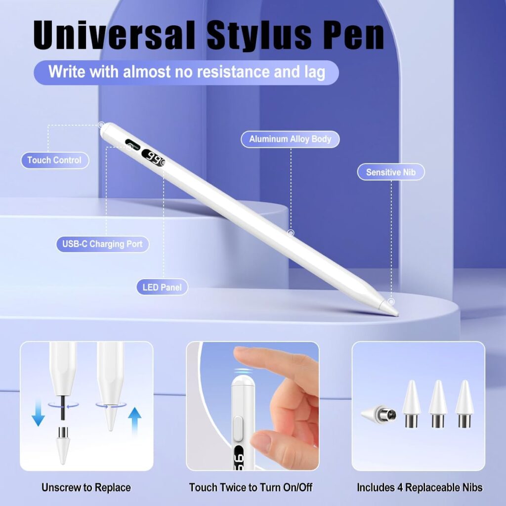 TiMOVO Stylus Pen for Touch Screens, Fast Charge Stylus Pen for Apple iPad/iPhone/Android/iOS/Samsung/Lenovo/Fire Tablets Smart Phone Stylus Capacitive Screen Writing Pencil with Power Display, White