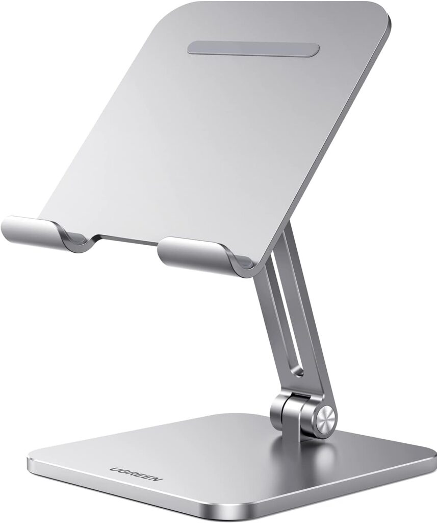 UGREEN Tablet Stand Holder for Desk Adjustable Aluminum Portable Stand Holder Foldable Dock Home Office Desk Accessories Compatible with ipad pro 12.9, ipad air Mini 6 5 4 3 2, Silver