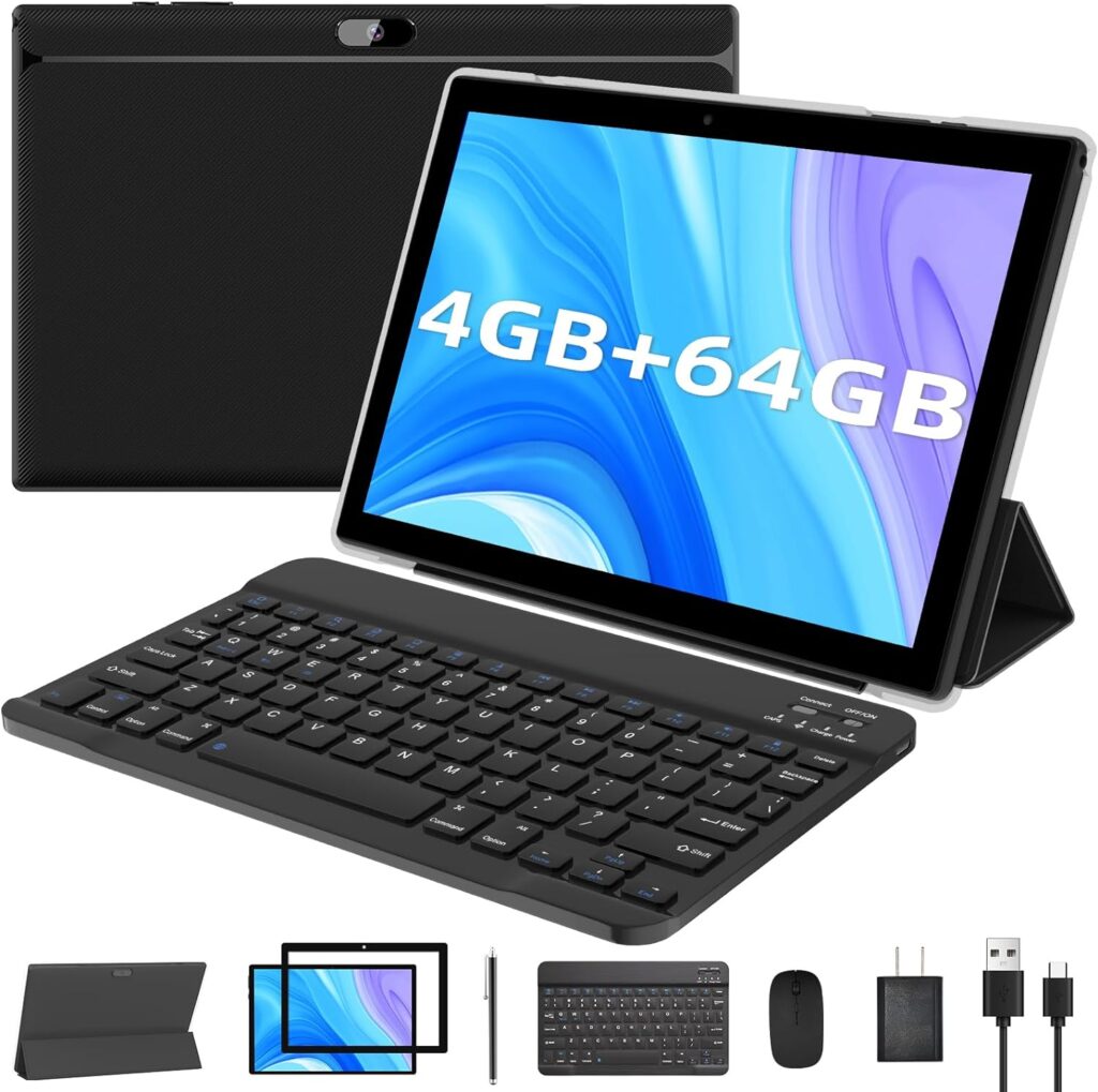 YQSAVIOR 10 inch Tablet Android, 2 in 1 Tablet with Keyboard, 4GB+64GB Tablet PC, Quad Core, 1280 * 800 HD Screen, Dual Camera, Wi-Fi, BT Computer Tablets with Case Mouse Stylus