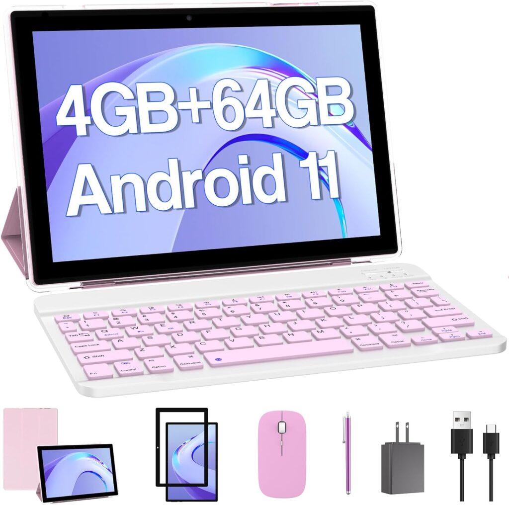 YQSAVIOR Tablet 10 inch, 2 in 1 Tablet with Keyboard, 4GB+64GB Android Tablet PC, Quad Core, 1280 * 800 HD Screen, Dual Camera, Wi-Fi, BT Computer Tablets with Case Mouse Stylus, Pink