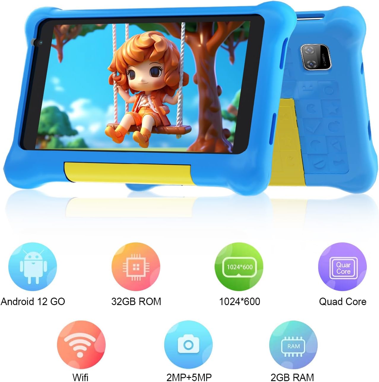 10-inch Kids Tablet with Android 13, HD IPS Display Tablet for Kids, 6GB RAM, 64GB ROM, Quad-Core Processor, Kidoz Pre Installed, Parental Control, Kid-Proof Case (Blue)