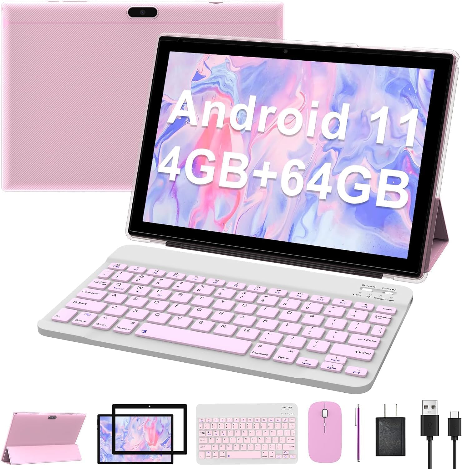 Android 11 Tablet 10.1 Inch Tablets, 2024 Upgraded 2 in 1 Tablet with Keyboard, Include Mouse/Case/Stylus/Tempered Film, 4GB RAM+64GB ROM(Max 512GB), 8MP Camera 6000mAh Battery 10 FHD Android 11 Tab